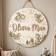 Personalized Dragon Dream Nursery Name Sign, Cute Baby Dragon Round Wood Sign