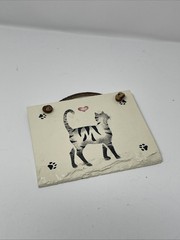 Hand Painted Slate Tile Wall Hanging Striped Cat Paws Heart Country Kitty Plaque