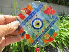 Fused Glass Round Evil Eye Mosaic Decor Wall Hanging, ~10″ long, 5″ diameter