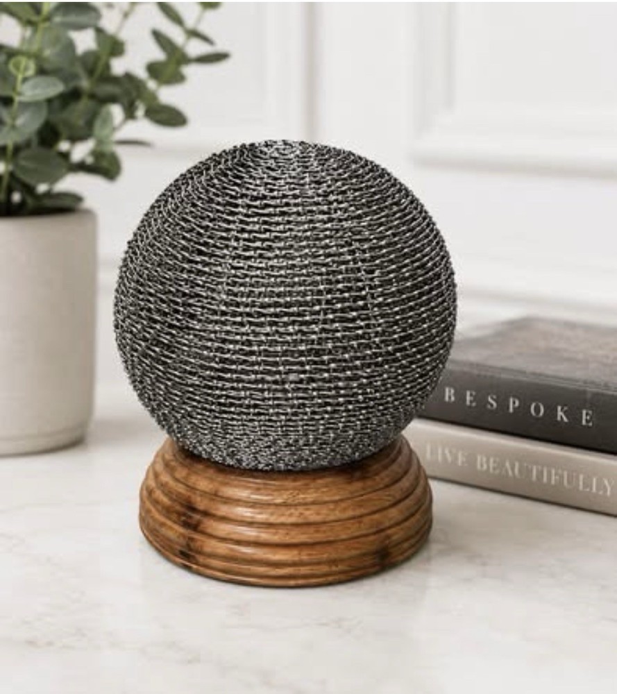 Modern Woven Metal Sphere Sculpture on Wood Base Decorative Orb Table Decor 10”
