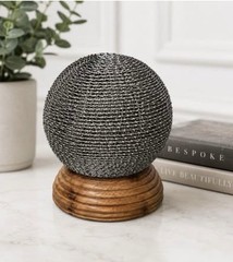 Modern Woven Metal Sphere Sculpture on Wood Base Decorative Orb Table Decor 10”