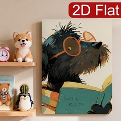 Black Dog Reading Book with Glasses Canvas Wall Art, Whimsical Pet Home Decor