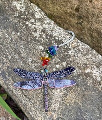 Sun Catcher Dragonfly on glass beads string, artwork from broken stained glass