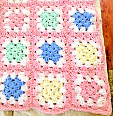 Handmade Crocheted Afghan Granny Squares Baby Blanket Pink Multicolor 38″ x 52″