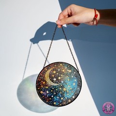 Moon and Stars Stained Glass Suncatcher – Celestial Round Hanging Window Panel