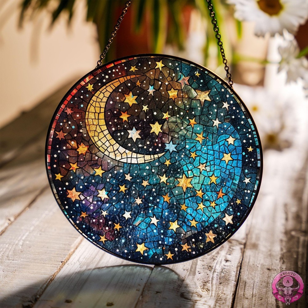 Moon and Stars Stained Glass Suncatcher – Celestial Round Hanging Window Panel