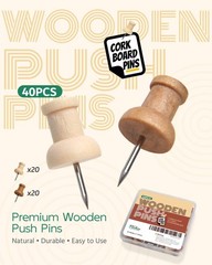 40 Pcs Wood Push Pins, Decorative Wooden Thumb Tacks for Cork Board, Natural & L