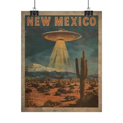UFO NEW MEXICO Travel Poster, Roswell Alien Cactus Decor, Retro Sci-fi Wall Art