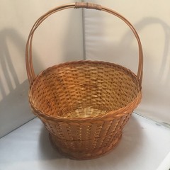 Woven Bamboo Basket Medium Brown Round Handle Farmhouse Cottagecore Gathering