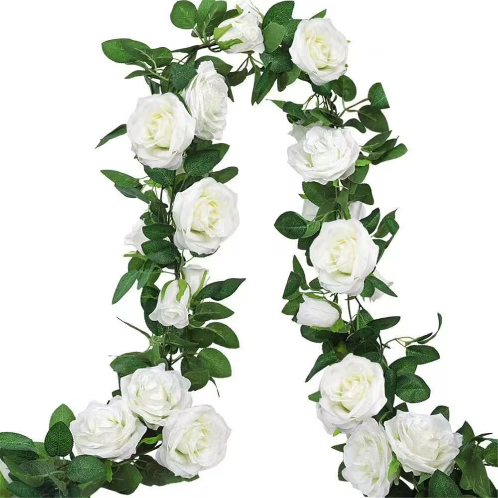 78 In. White Indoor/Outdoor Artificial Rose Flower Garland 3-Pieces 19.5 Ft. Wed