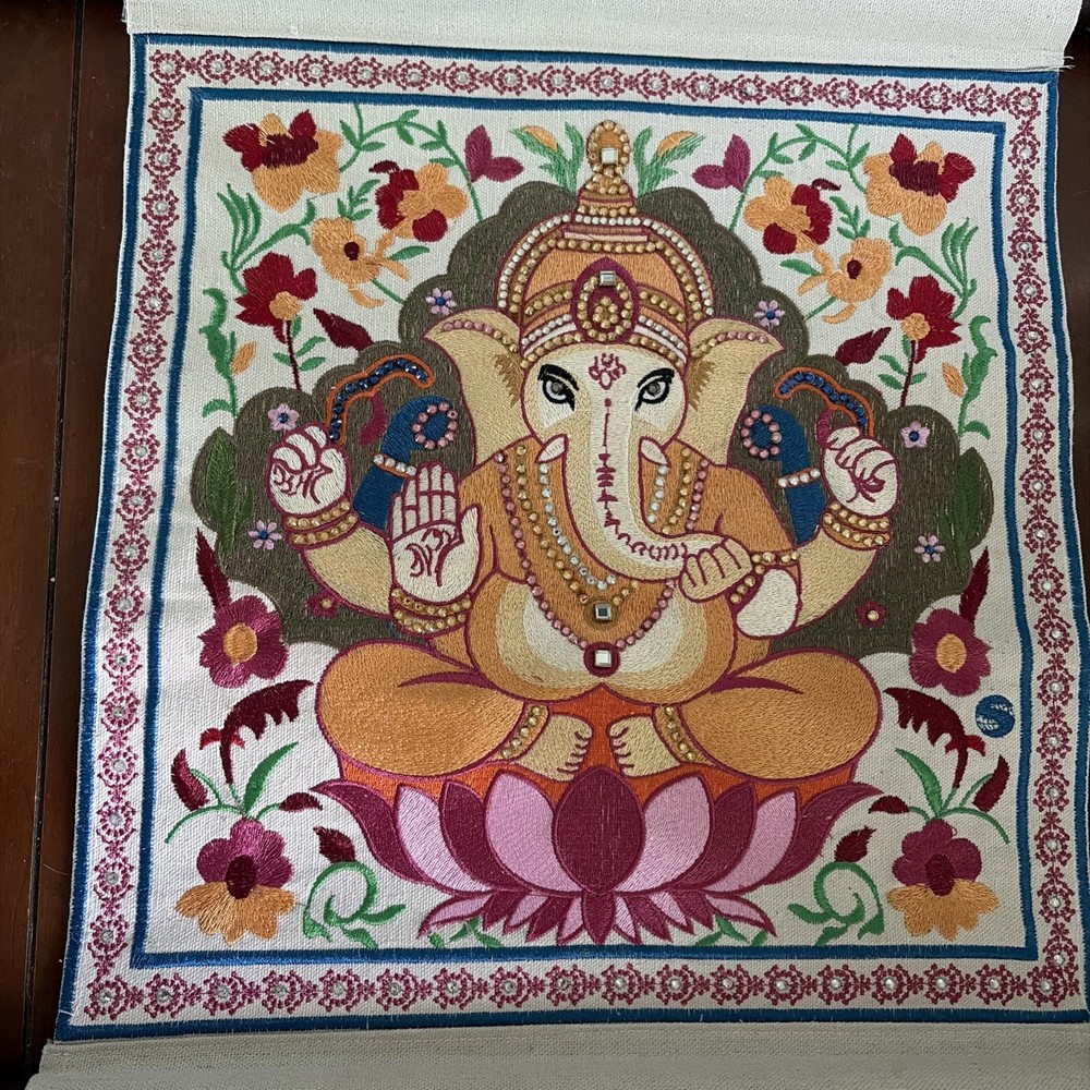 Ganesha Canvas Silk Thread Wall Hanging With Rhinestones