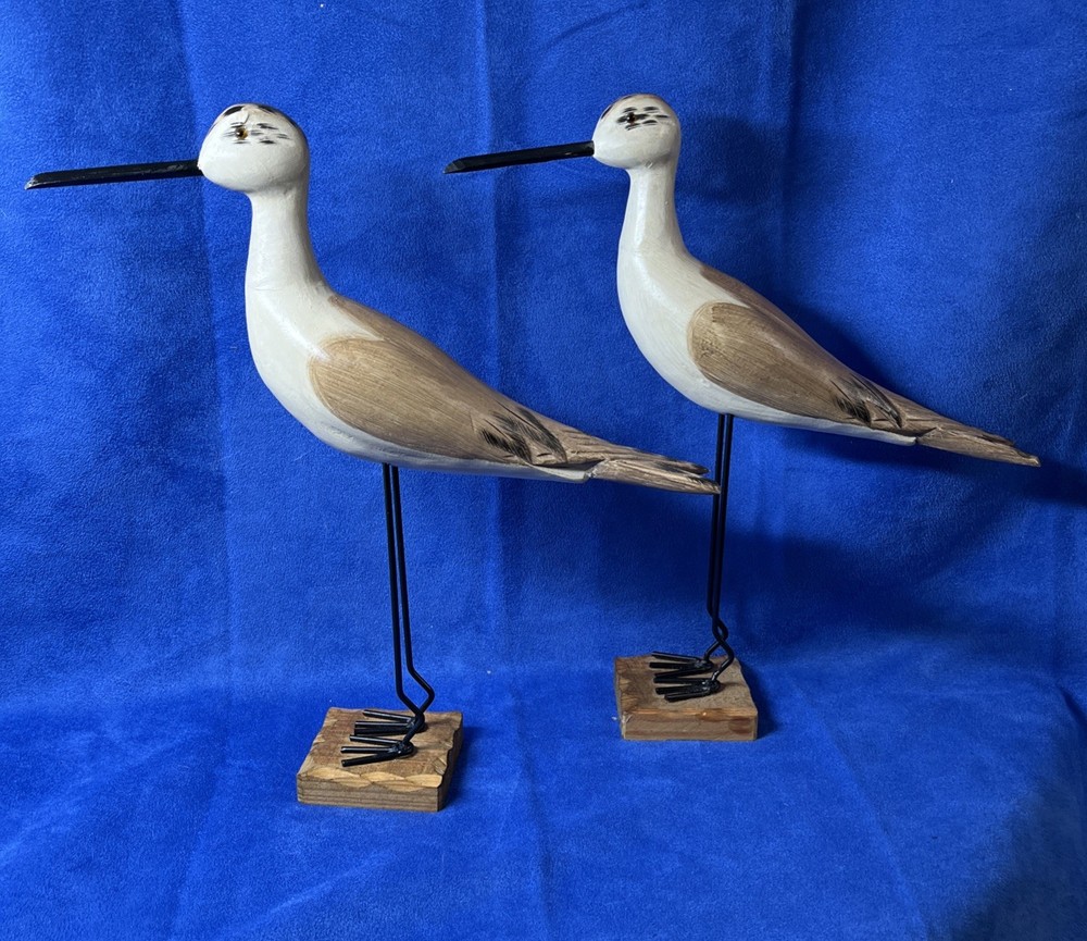 Coastal Decor 12.5”Sandpiper Pair Wooden Figures on Wood Base Glass Eyes