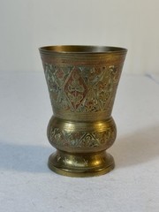 Vintage Indian Brass Etched Goblet Vase Floral Enamel Decor India 4.5”