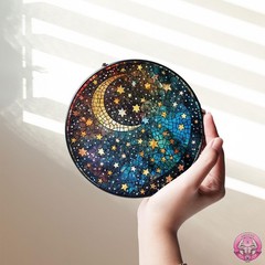 Moon and Stars Stained Glass Suncatcher – Celestial Round Hanging Window Panel