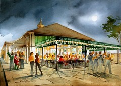 Cafe du Monde, New Orleans French Quarter. Full moon. James Mann art wall prints