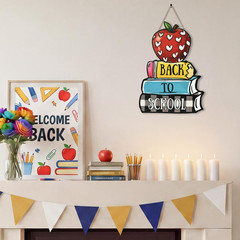 Smile Back to School Wooden Door Sign – Apple, Pencil & Book Stack Wall Decor fo