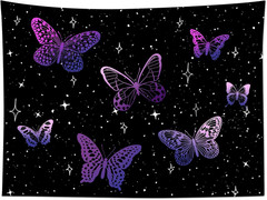 Purple Butterfly Tapestry Wall Hanging Black Starry Night Sky with Celestial Gal