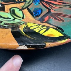 Pottery Bowl Wall Hanging Hand Painted Folk Art Redware Handmade Mid Century