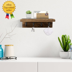 Rustic Key Holder for Wall, Farmhouse Wall Shelf with 4 Hooks, Wall Mounted Key