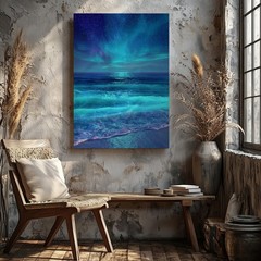 Aurora Borealis Over Calm Ocean Waves Canvas Wall Art Night Sky Print Wall Home