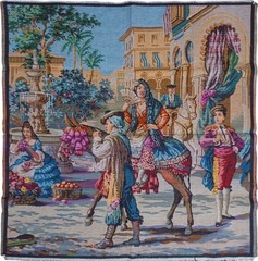 Spanish Themed Belgian Tapestry 39×39.5″ Woven Square Large Colorful Vintage