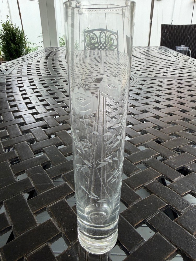Tall Clear Glass Vase with Etched Rose Design
