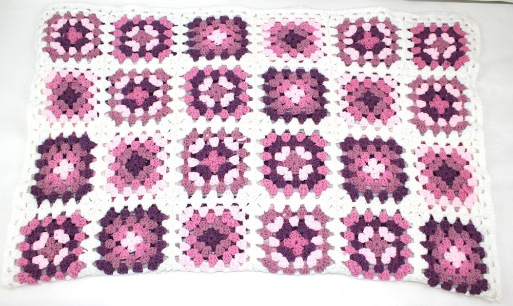 Vintage Handmade Crochet Afghan – Pink & Purple Granny Squares – 40″ x 53″