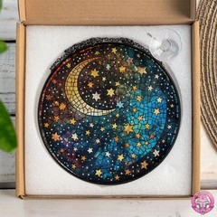 Moon and Stars Stained Glass Suncatcher – Celestial Round Hanging Window Panel