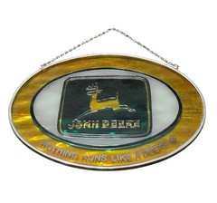 Vintage John Deere Tractor Farm Equipment Sun Catcher Glass Oval Hanging 7″ X 5″