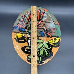 Pottery Bowl Wall Hanging Hand Painted Folk Art Redware Handmade Mid Century