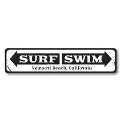 Surf Swim Sign, Personalized Beach Location Directional Arrow Metal Wall Decor