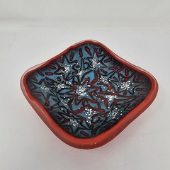 Fused Glass Red Batik Style Serving or Trinket Dish