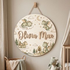 Personalized Dragon Dream Nursery Name Sign, Cute Baby Dragon Round Wood Sign