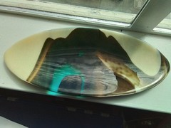 Handcrafted Fused Art Glass Plate Dragonfly Mark Oval Vanilla Brown Teal 14.75″