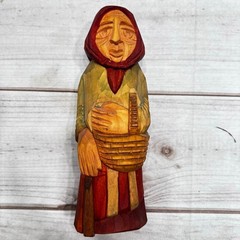 Vintage Hand Carved Wood Polish Grandma Baba Inscripted Folk Art Ethnic Poland