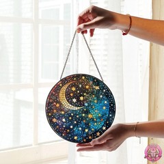 Moon and Stars Stained Glass Suncatcher – Celestial Round Hanging Window Panel