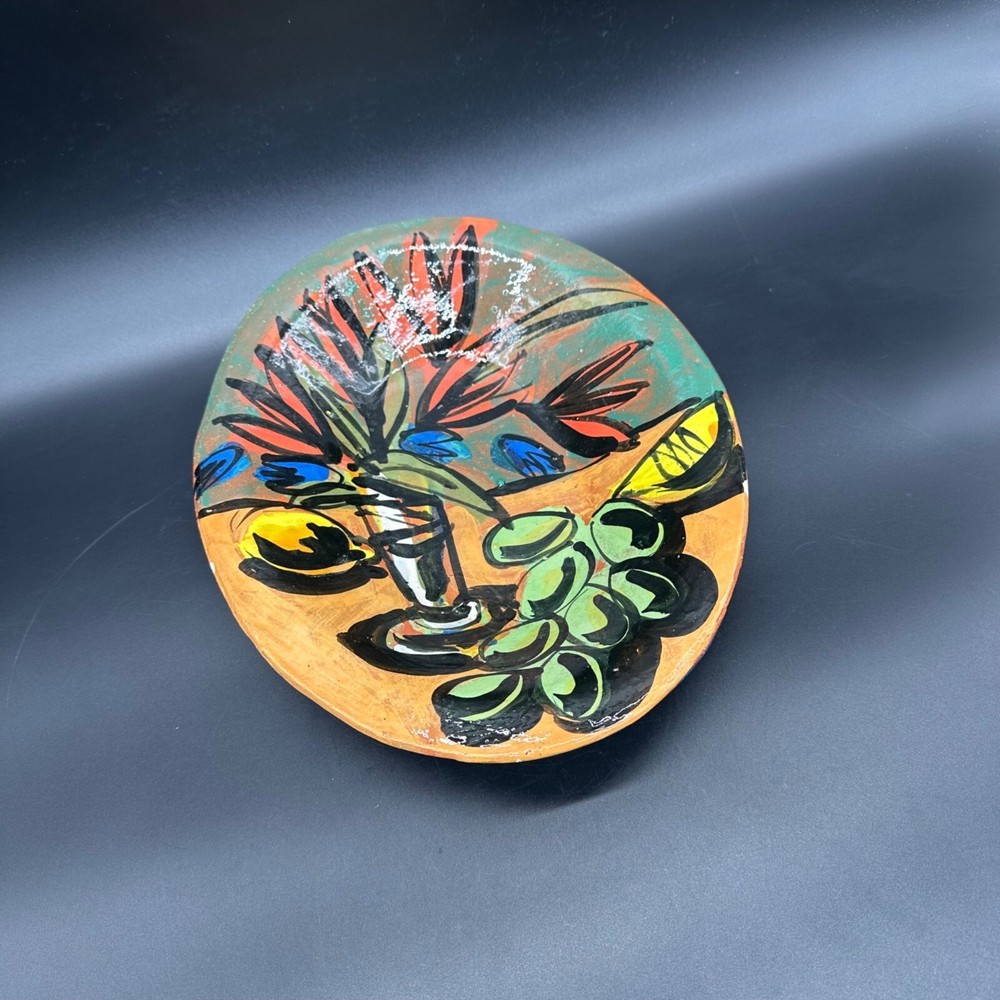 Pottery Bowl Wall Hanging Hand Painted Folk Art Redware Handmade Mid Century