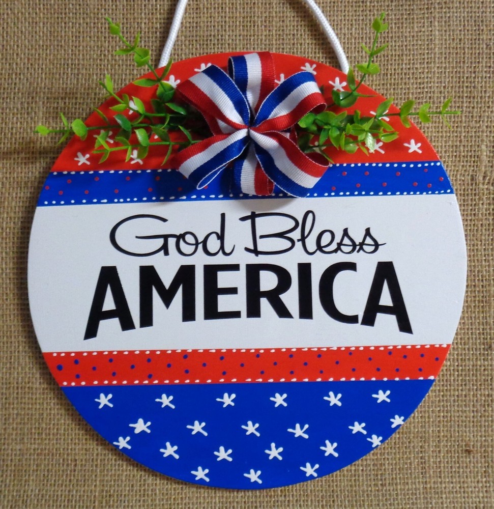 God Bless AMERICA Circle Door Sign Hanger Red White Blue Americana Plaque