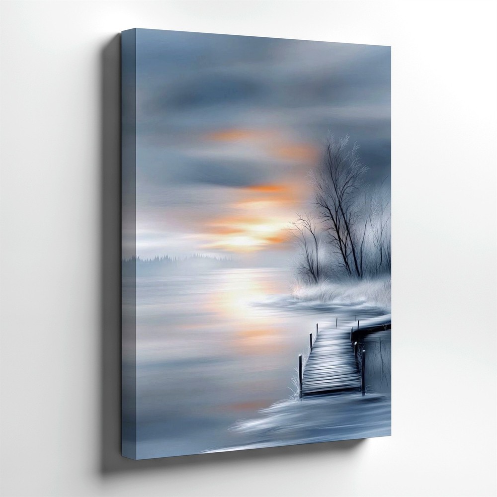 Wall Art Winter Lake Sunset Dock Landscape Canvas Print Misty Nature Home Decor