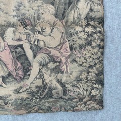 Vintage French Country Tapestry Fabric Panel Pastoral Scene Figures Sheep Birds
