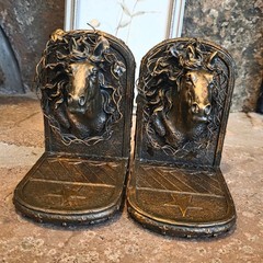 Vintage Bronze Horse Head Bookends Western Star Equestrian Decor Set of 2