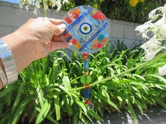 Fused Glass Round Evil Eye Mosaic Decor Wall Hanging, ~10″ long, 5″ diameter
