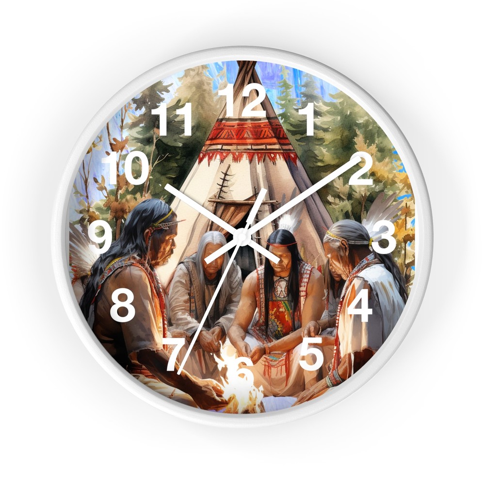 Native Indian Warrior Chief Councel Fire Wall Clock All Wood Frame Old West