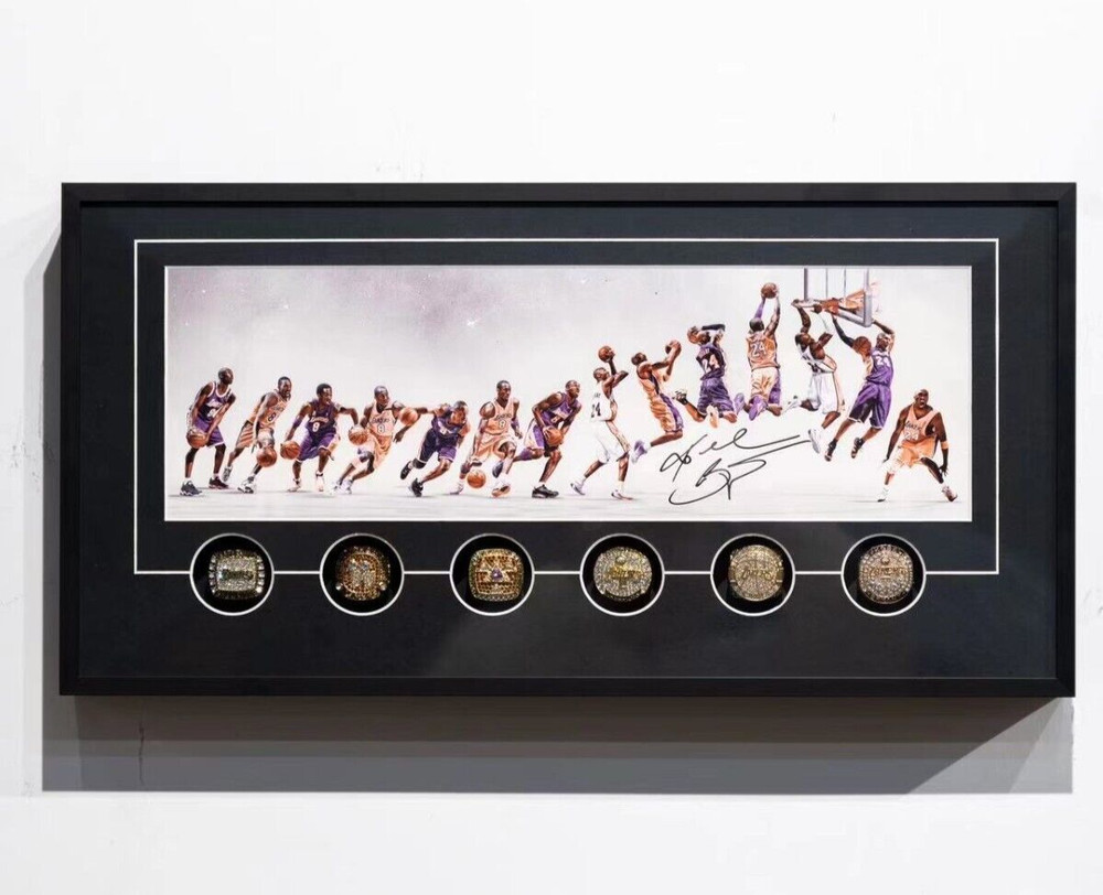 Kobe Bryant Framed Poster Wall Art Décor with 6 Replica Rings Display Set