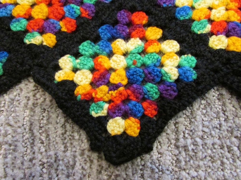 VTG Crochet Granny Square Throw Blanket Afghan Black Multicolor 75×50” Roseanne