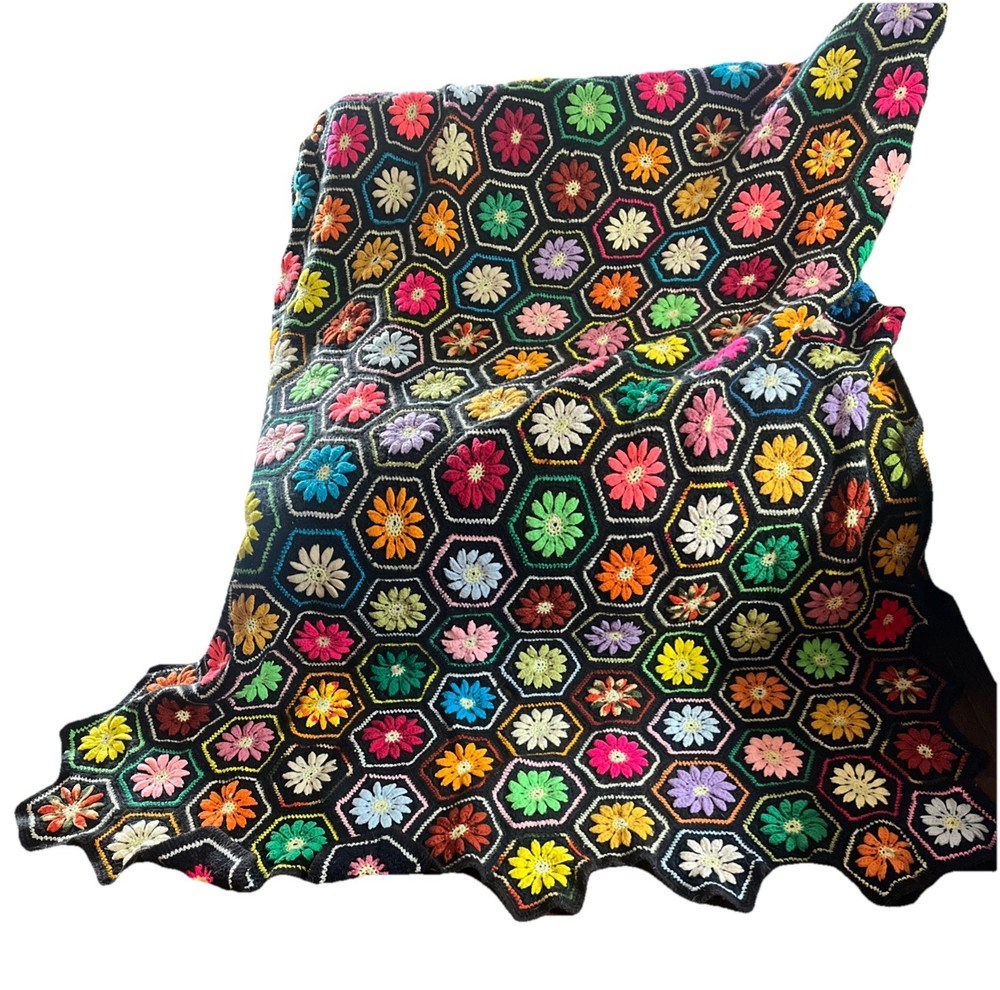 vintage 70s Black FLOWER POWER 3d Knit AFGHAN day glo hexagons granny squares